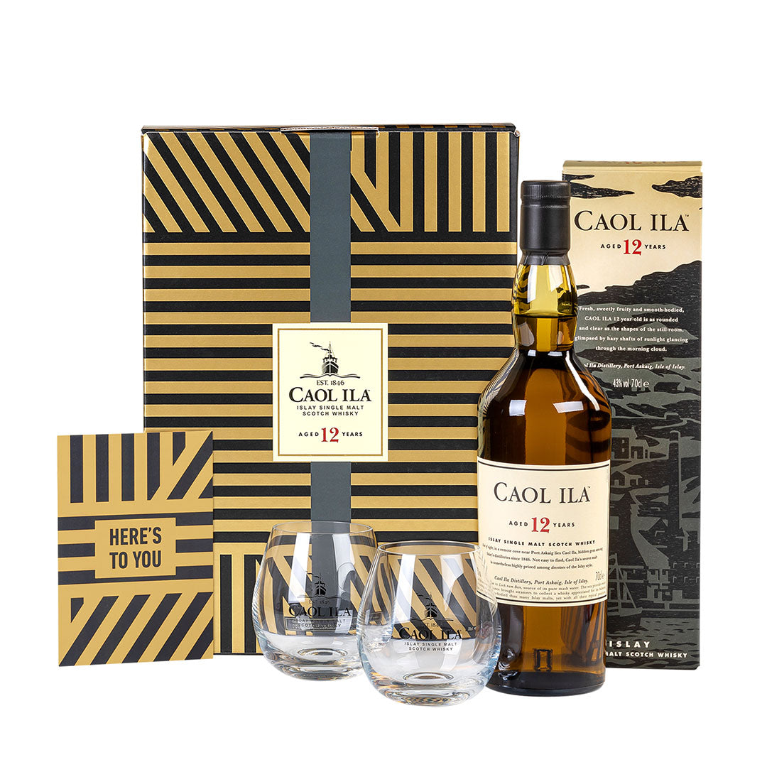 Caol Ila 12 Year Old Islay Single Malt Scotch Whiskey 70cl in a High Quality Gift Set With Glasses & Greeting Card