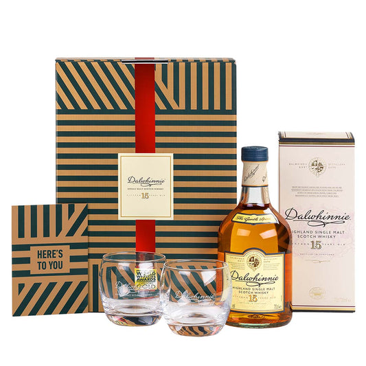 Dalwhinnie 15 Year Old Highland Single Malt Scotch Whisky 70cl in a High Quality Gift Set With Glasses & Greeting Card