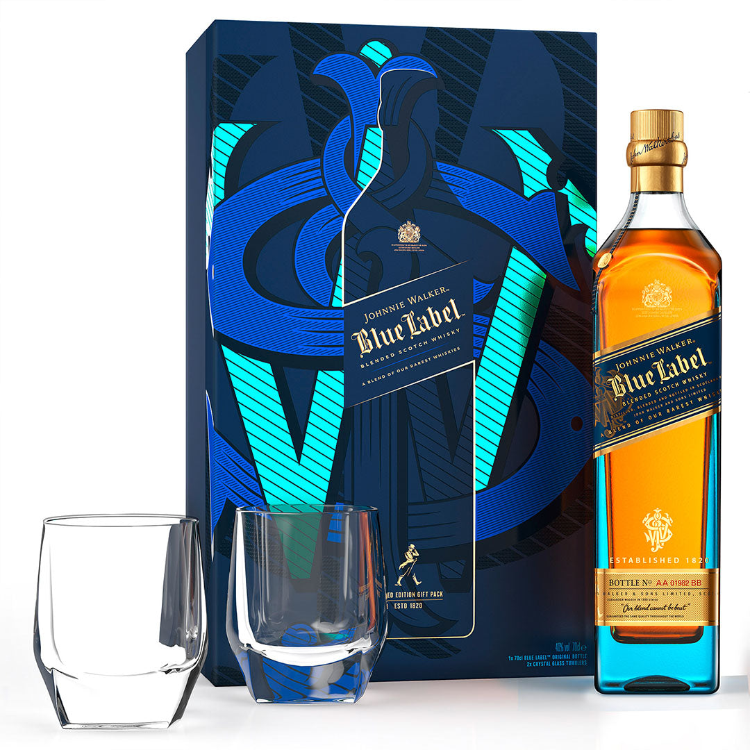 Johnnie Walker Blue Label Blended Scotch Whisky Gift Pack with 2 Crystal Glasses, 70cl