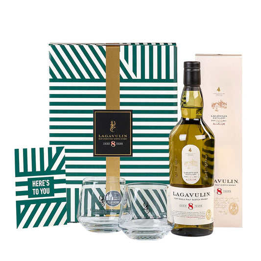 Lagavulin 8 Year Old Islay Single Malt Scotch Whisky 70cl in a High Quality Gift Set With Glasses & Greeting Card