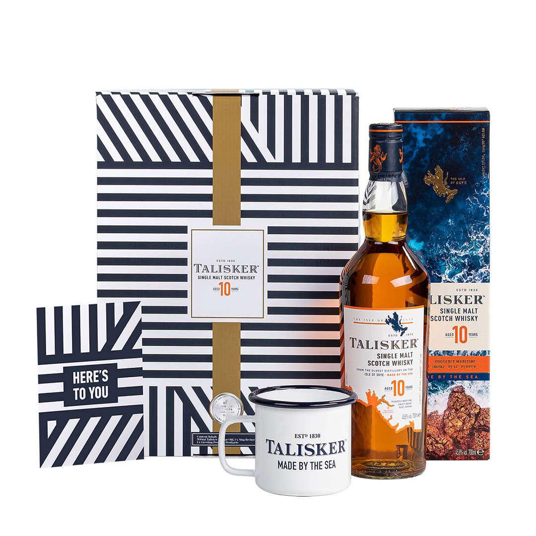 Talisker 10 Year Old Single Malt Scotch Whisky 70cl in High Quality Gift Set With Enamel Cup & Greeting Card